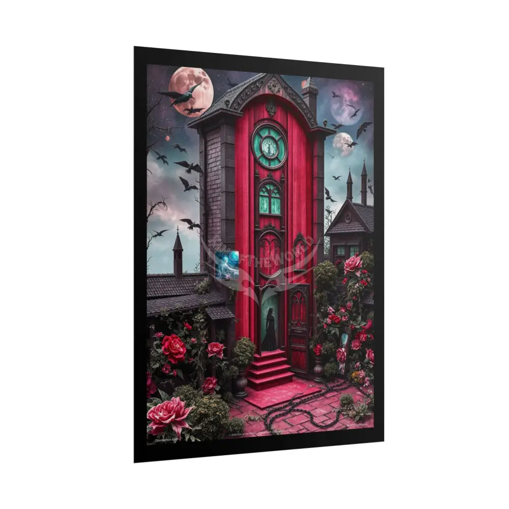 Surreal Diorama Little Red Gothic Tudor Cottage Architecture Art Poster — Exclusive 3D Doll House Moon Lady Diorama