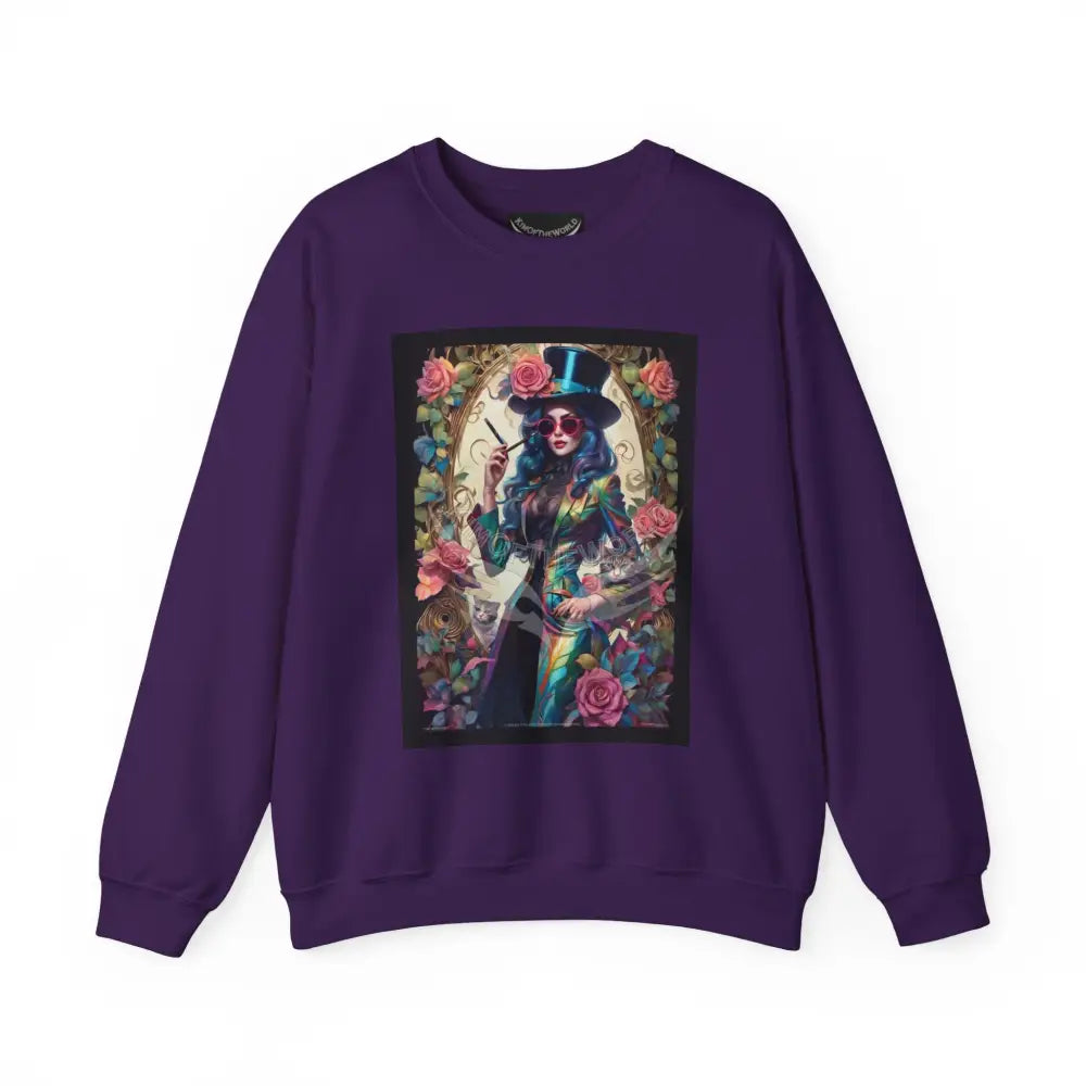 Surreal Empowered 3D Floral Flower Lady Fantasy Signature Design Sweatshirt — Tall Giantess Fetish Art Crewneck Purple