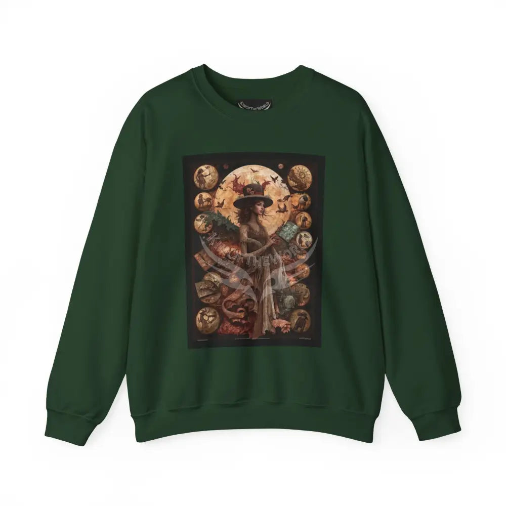 Surreal Empowered 3D Magician Lady Fantasy Signature Design Sweatshirt — Tall Giantess Fetish Art Crewneck Forest Green