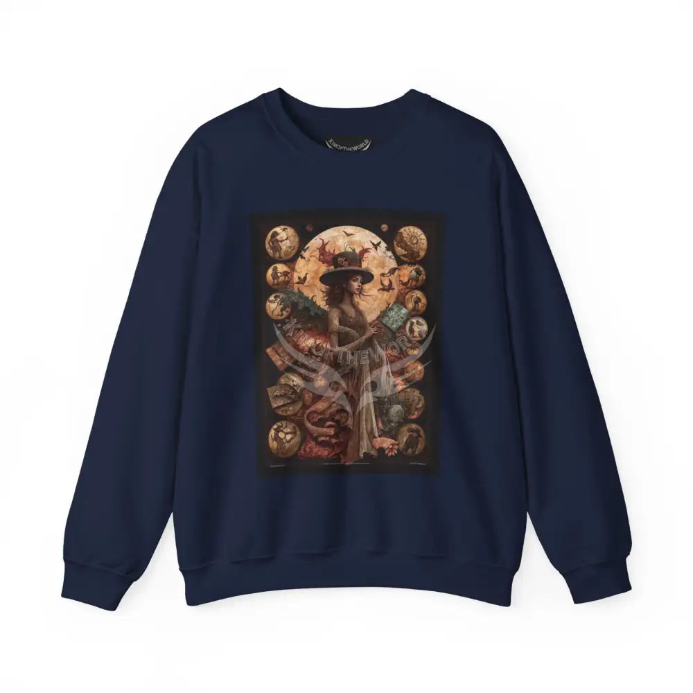 Surreal Empowered 3D Magician Lady Fantasy Signature Design Sweatshirt — Tall Giantess Fetish Art Crewneck Navy / S