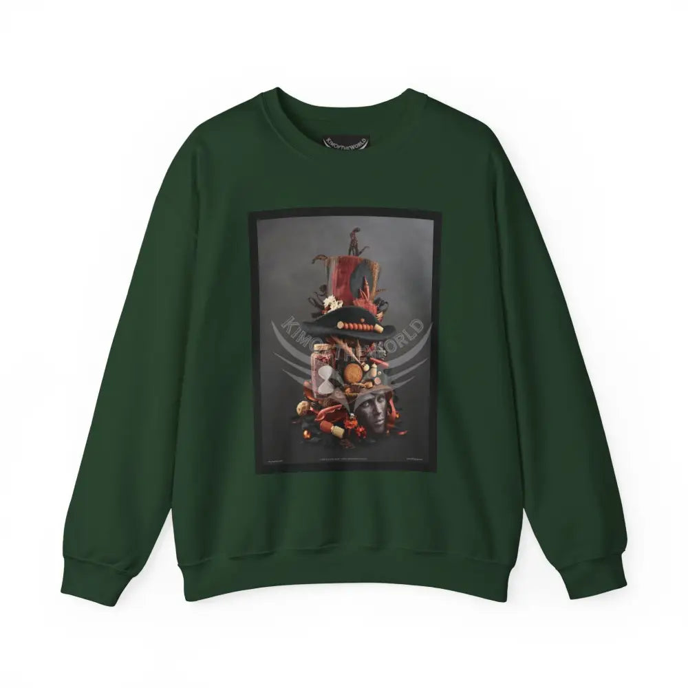 Surreal Empowered 3D Wing Scape Fantasy Signature Design Sweatshirt — Tall Giantess Fetish Art Crewneck Forest Green