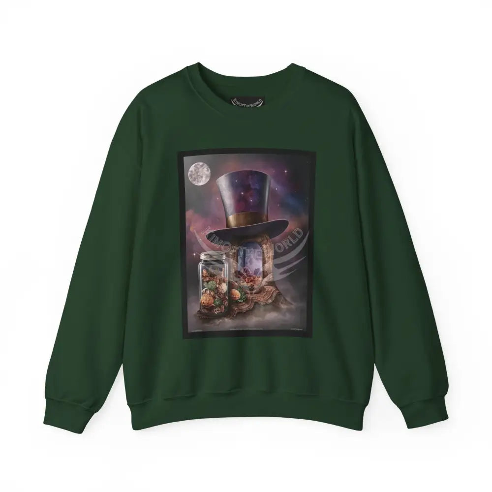 Surreal Empowered 3D Wing Scape Fantasy Signature Design Sweatshirt — Tall Giantess Fetish Art Crewneck Forest Green