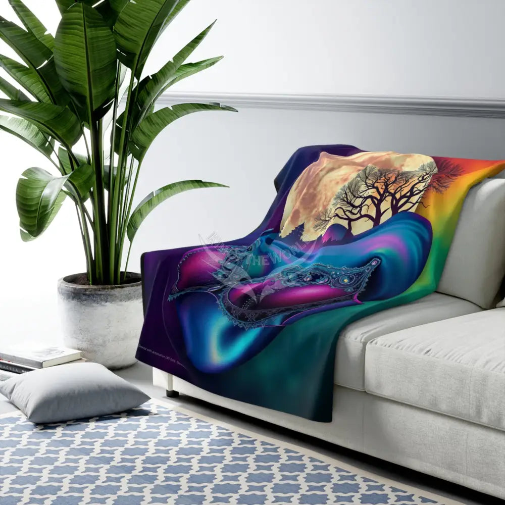Surreal Moonlit Giant Lady Form Sherpa Fleece Blanket — Dreamy Ocean Night Cozy Throw Home Decor