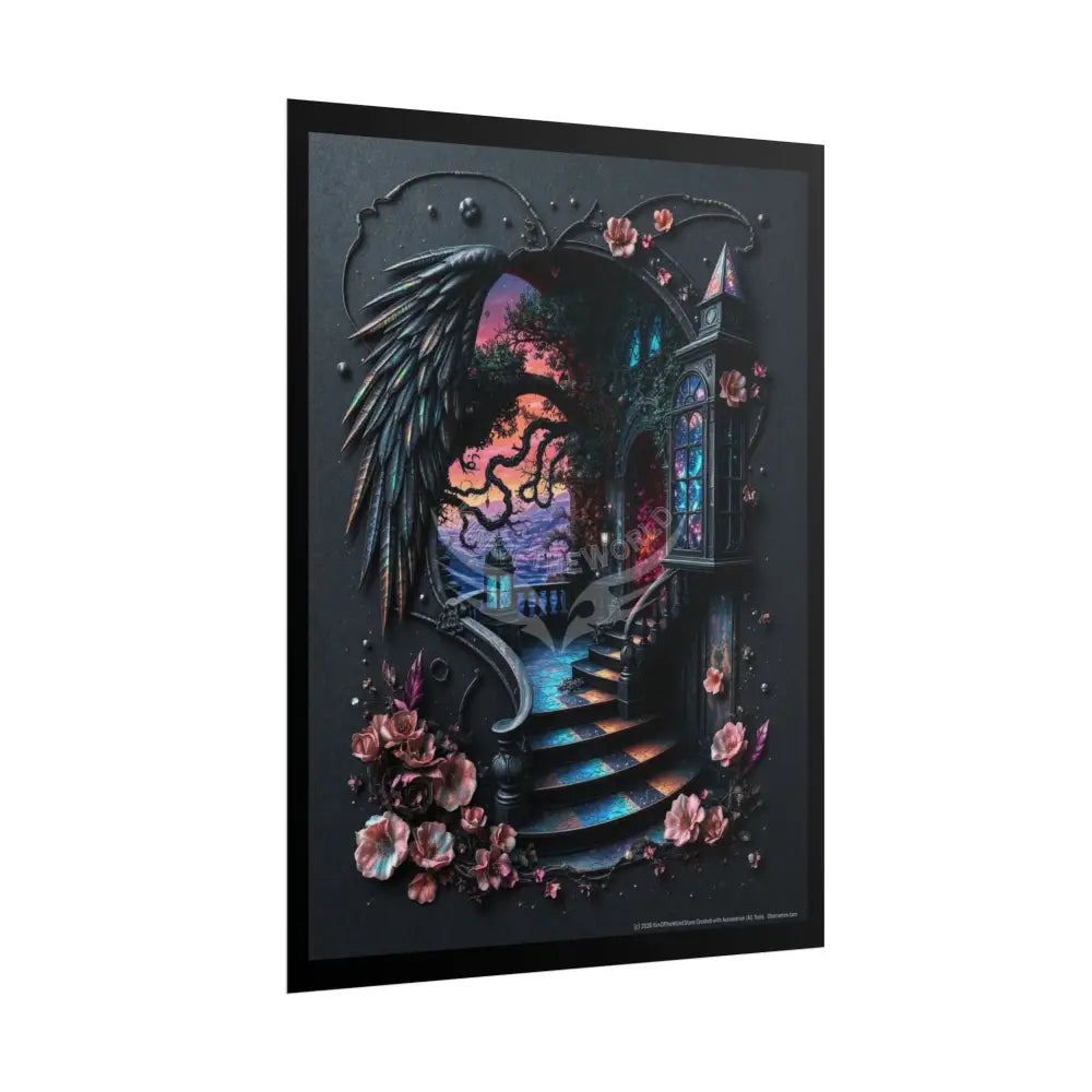 Trippy 3D Dark Oceanview Stair Floral Vaporwave Gothic Scene - Rolled Poster Poster