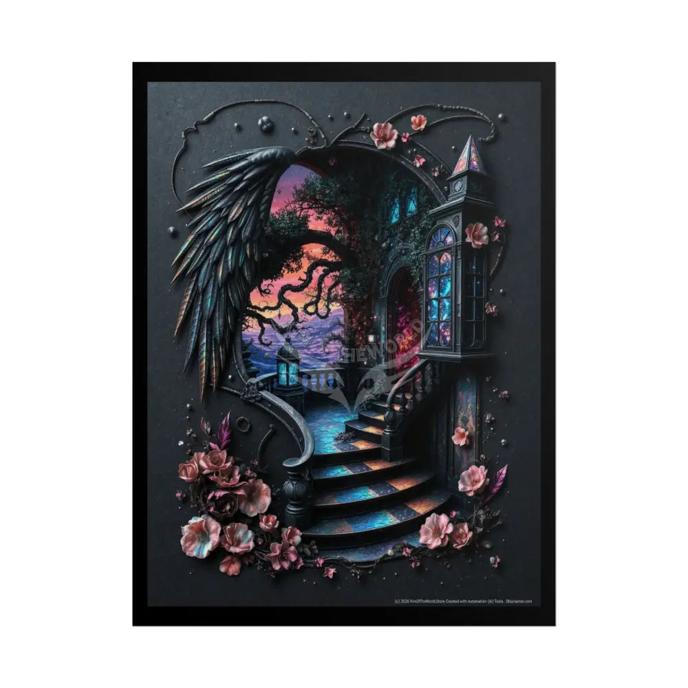 Trippy 3D Dark Oceanview Stair Floral Vaporwave Gothic Scene - Rolled Poster 18″ x 24″ (Vertical) / Matte Poster