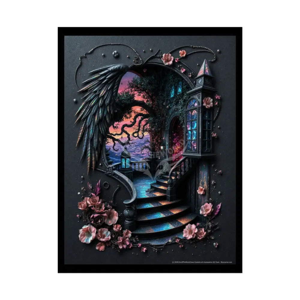Trippy 3D Dark Oceanview Stair Floral Vaporwave Gothic Scene - Rolled Poster 18″ x 24″ (Vertical) / Semi Glossy Poster