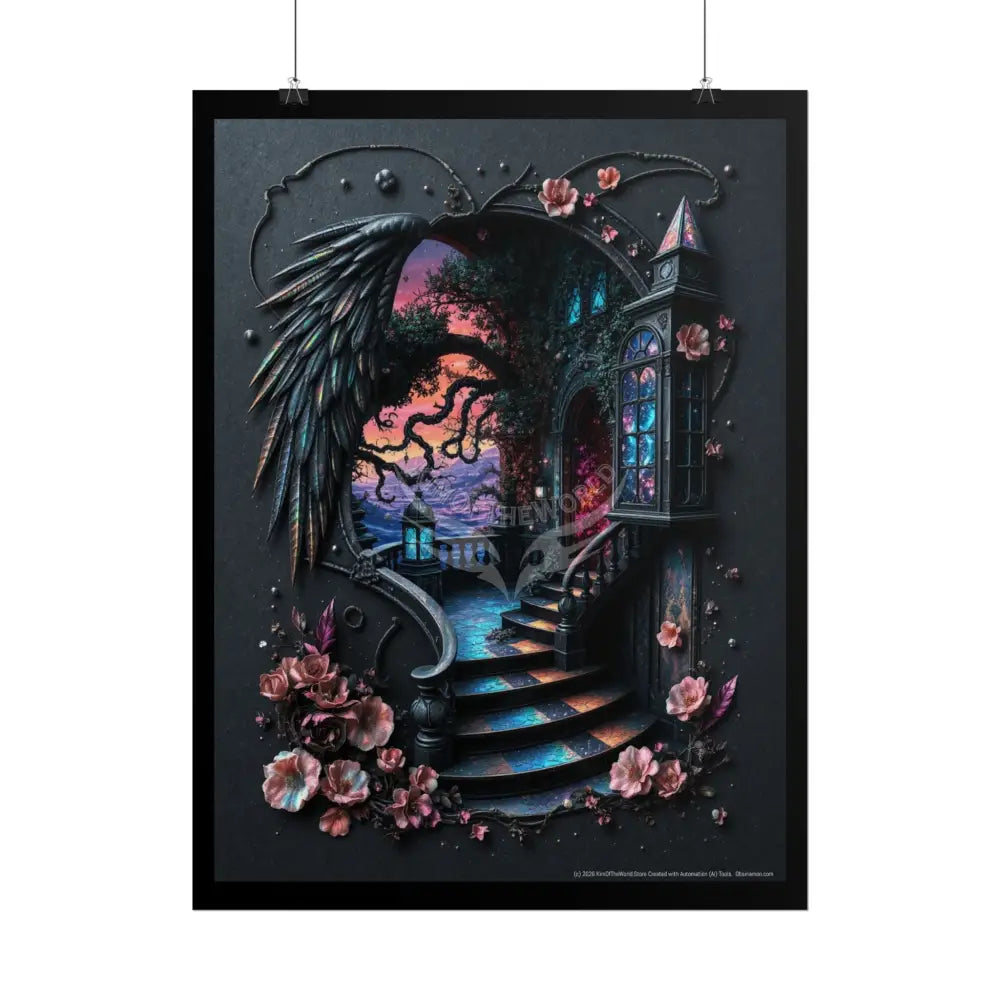 Trippy 3D Dark Oceanview Stair Floral Vaporwave Gothic Scene - Rolled Poster Poster