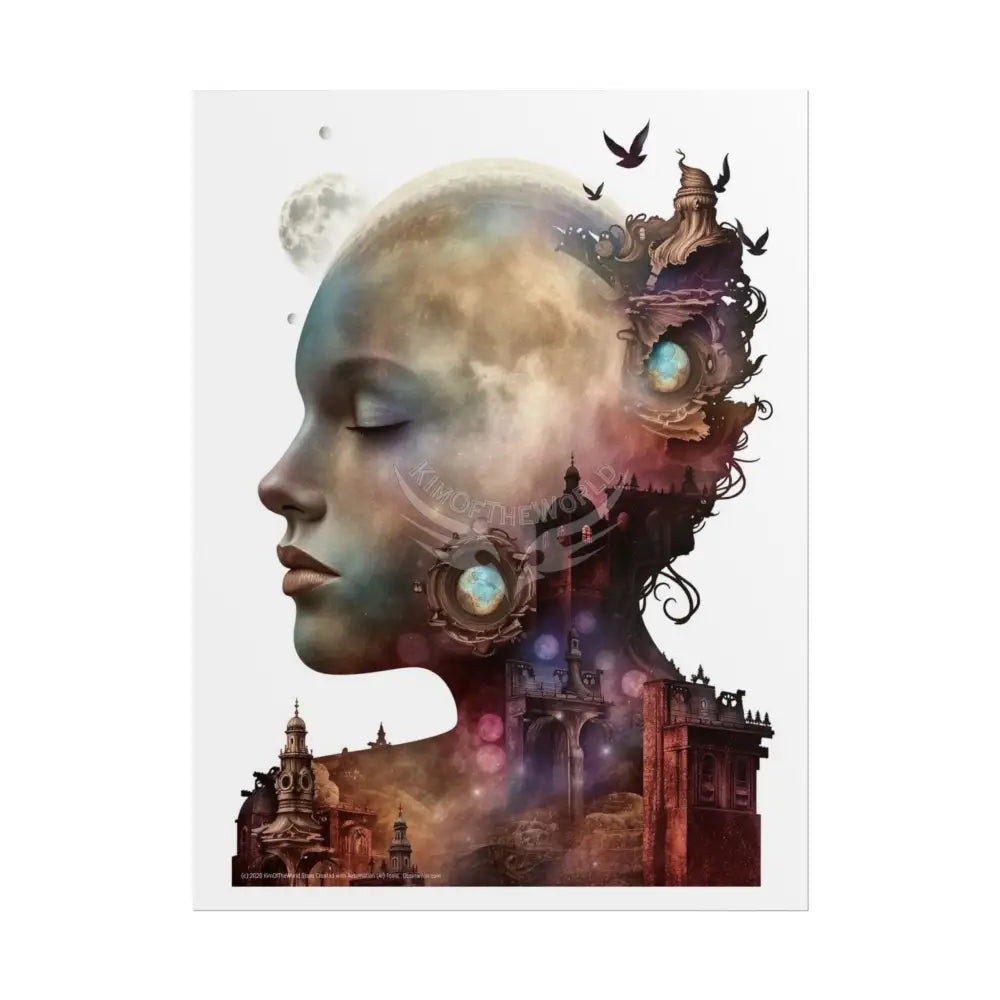 Trippy 3D Double Exposure Floral Gothic Moon is in her Soul Scene - Rolled Poster 18″ x 24″ (Vertical) / Matte Poster