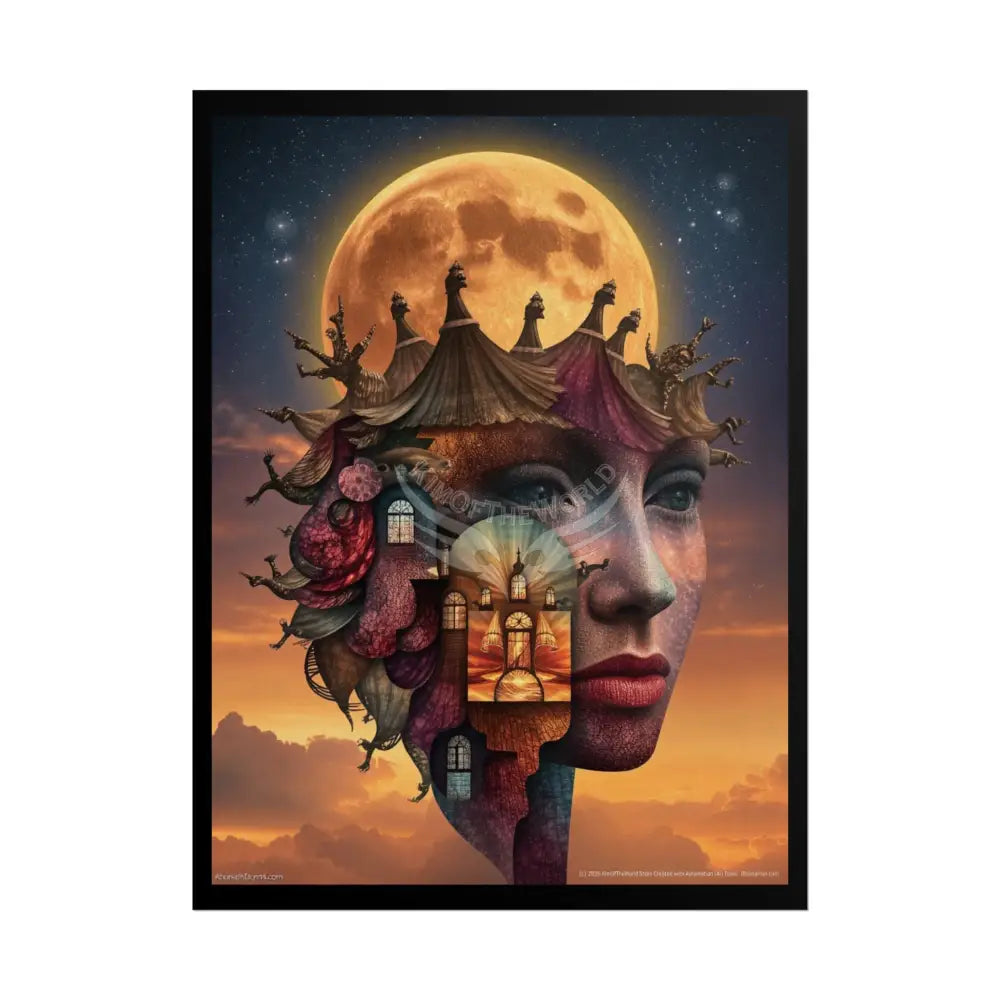 Trippy 3D Double Exposure Floral Gothic Moon is in her Soul Scene - Rolled Poster 18″ x 24″ (Vertical) / Matte Poster