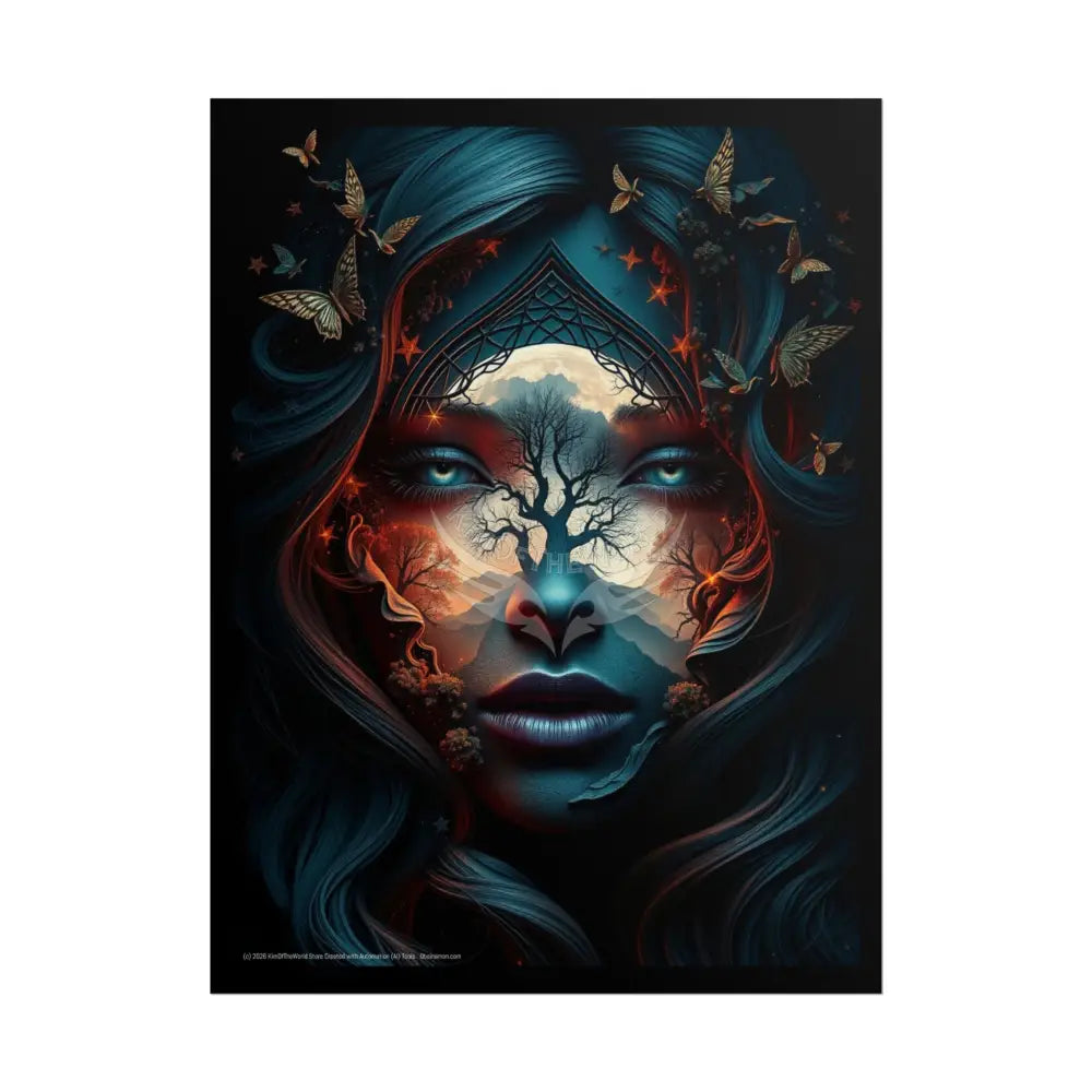 Trippy 3D Double Exposure Floral Gothic Moon is in her Soul Scene - Rolled Poster 18″ x 24″ (Vertical) / Matte Poster