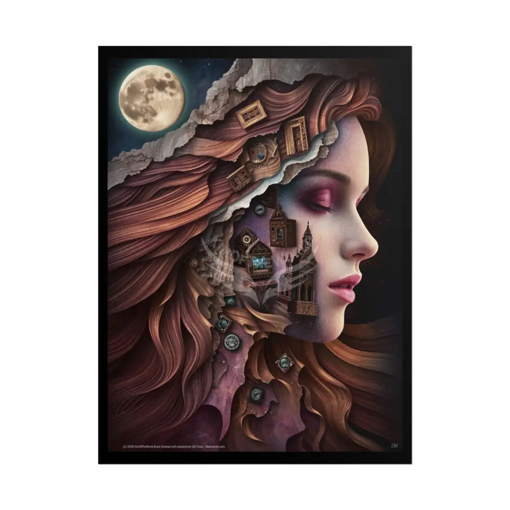 Trippy 3D Double Exposure Floral Gothic Moon is in her Soul Scene - Rolled Poster 18″ x 24″ (Vertical) / Matte Poster