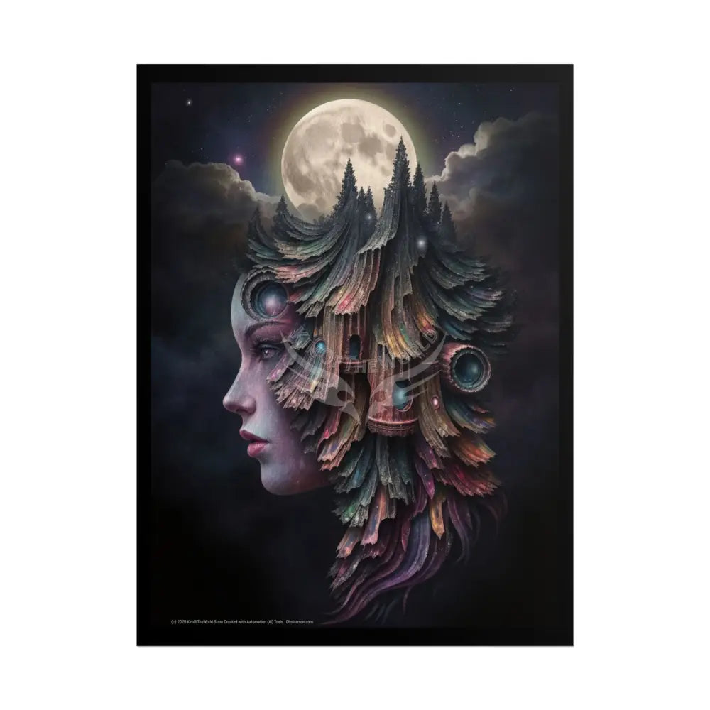 Trippy 3D Double Exposure Floral Gothic Moon is in her Soul Scene - Rolled Poster 18″ x 24″ (Vertical) / Matte Poster