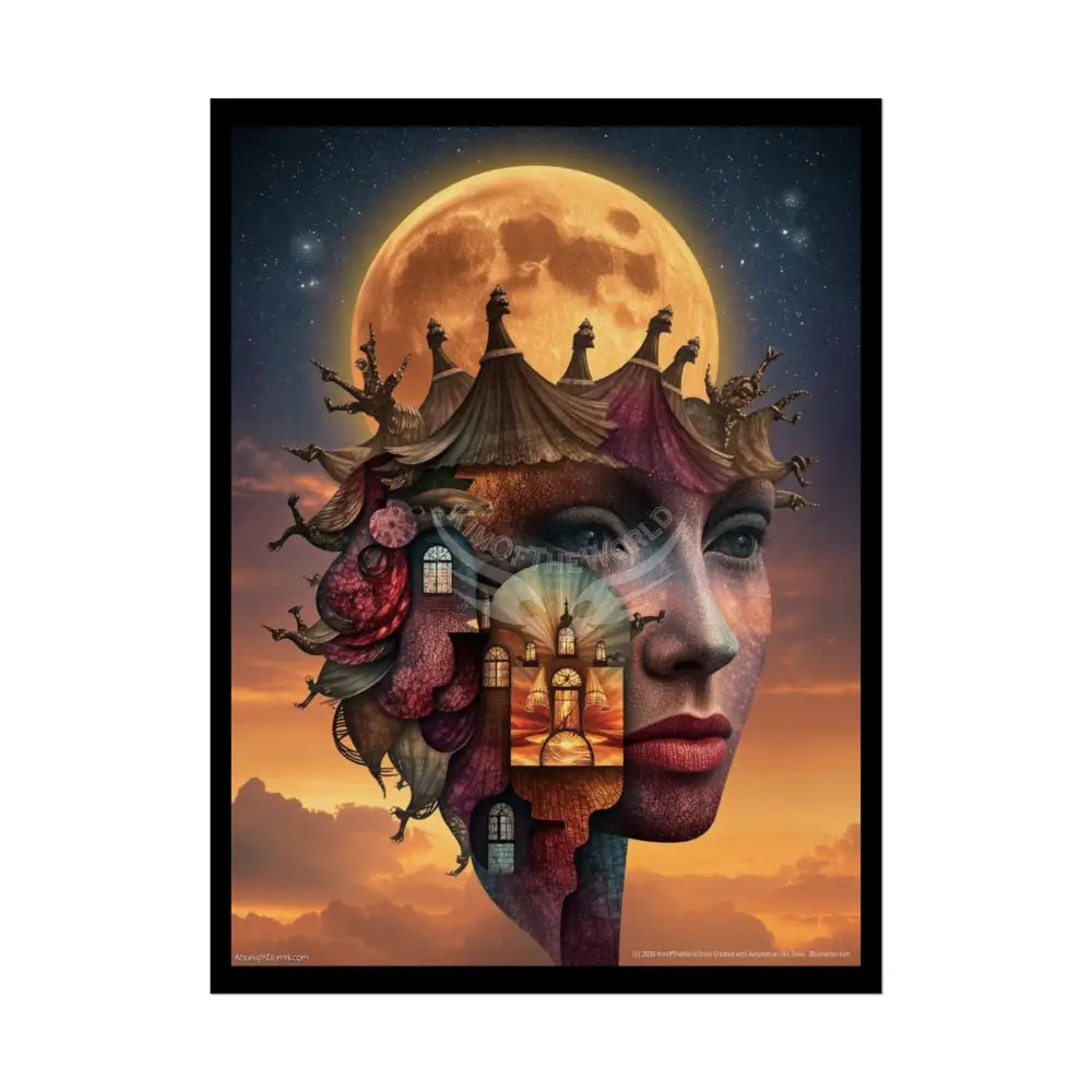 Trippy 3D Double Exposure Floral Gothic Moon is in her Soul Scene - Rolled Poster 18″ x 24″ (Vertical) / Semi Glossy