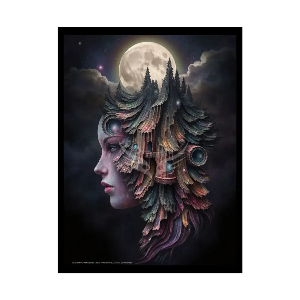 Trippy 3D Double Exposure Floral Gothic Moon is in her Soul Scene - Rolled Poster 18″ x 24″ (Vertical) / Semi Glossy