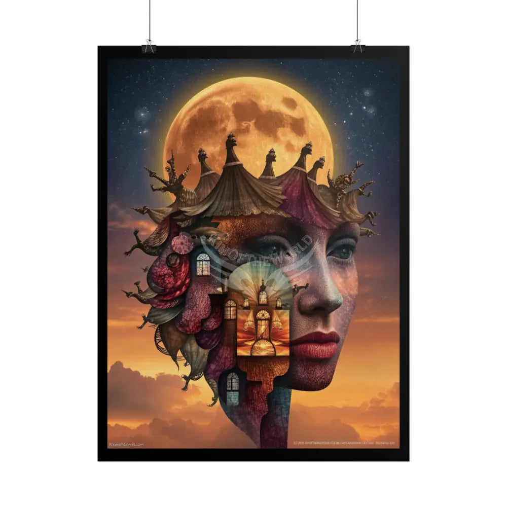 Trippy 3D Double Exposure Floral Gothic Moon is in her Soul Scene - Rolled Poster Poster