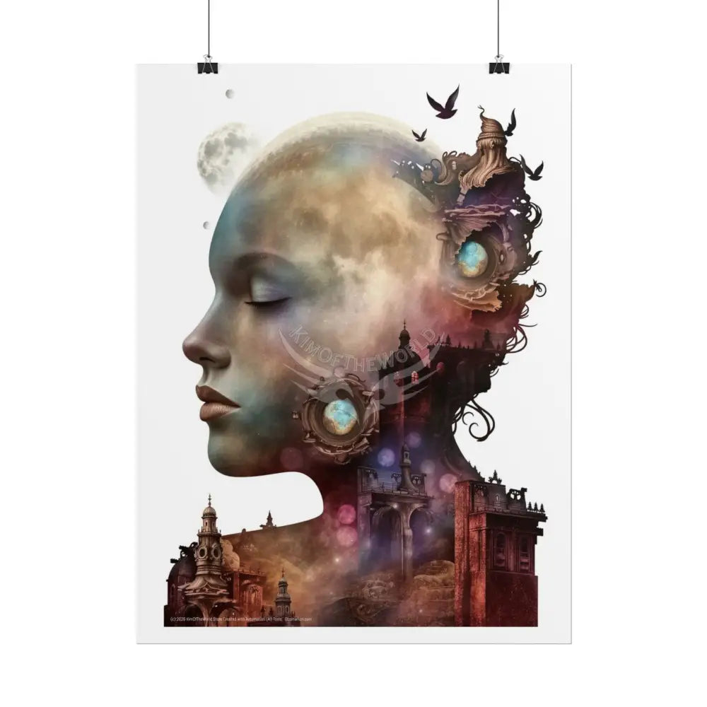 Trippy 3D Double Exposure Floral Gothic Moon is in her Soul Scene - Rolled Poster Poster