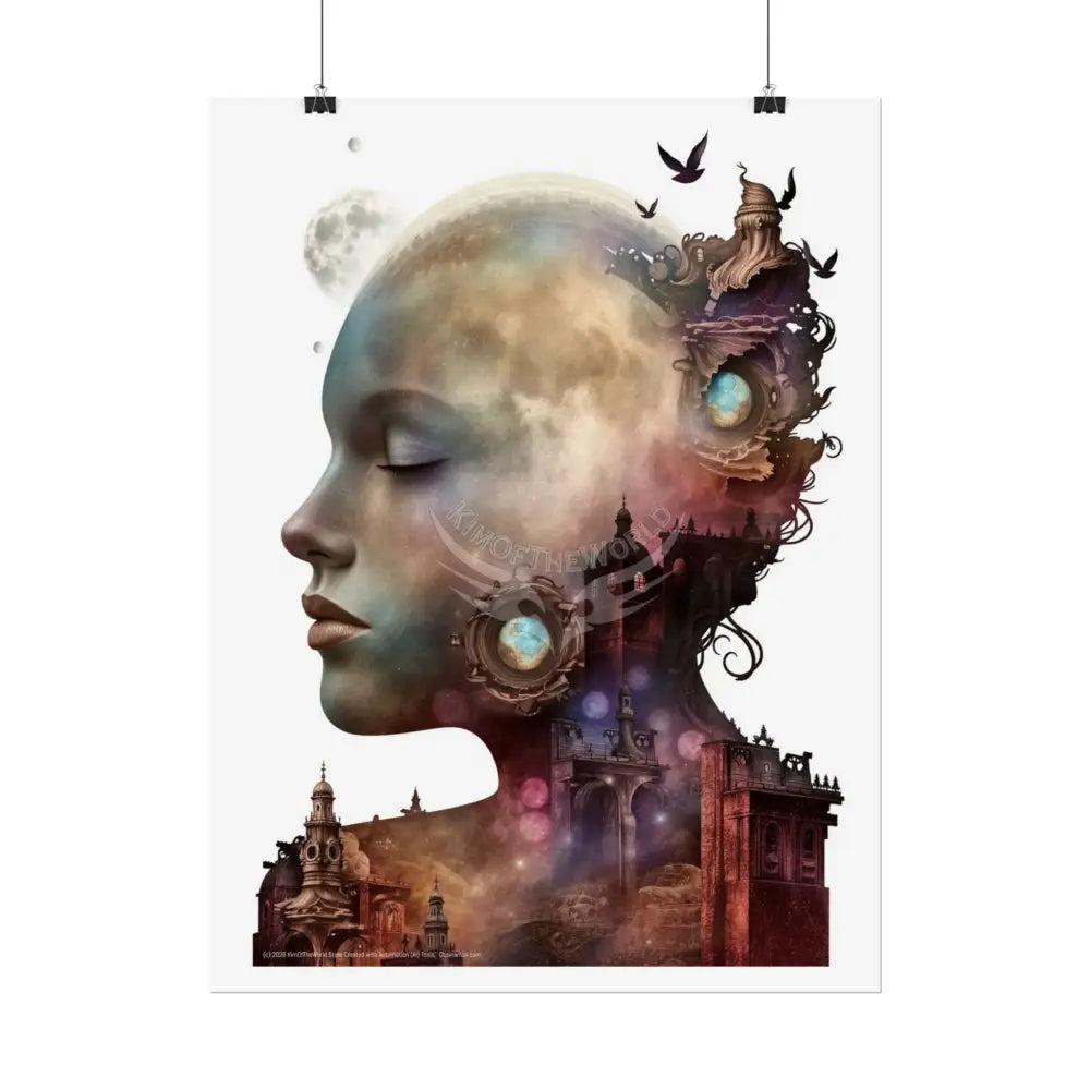 Trippy 3D Double Exposure Floral Gothic Moon is in her Soul Scene - Rolled Poster Poster