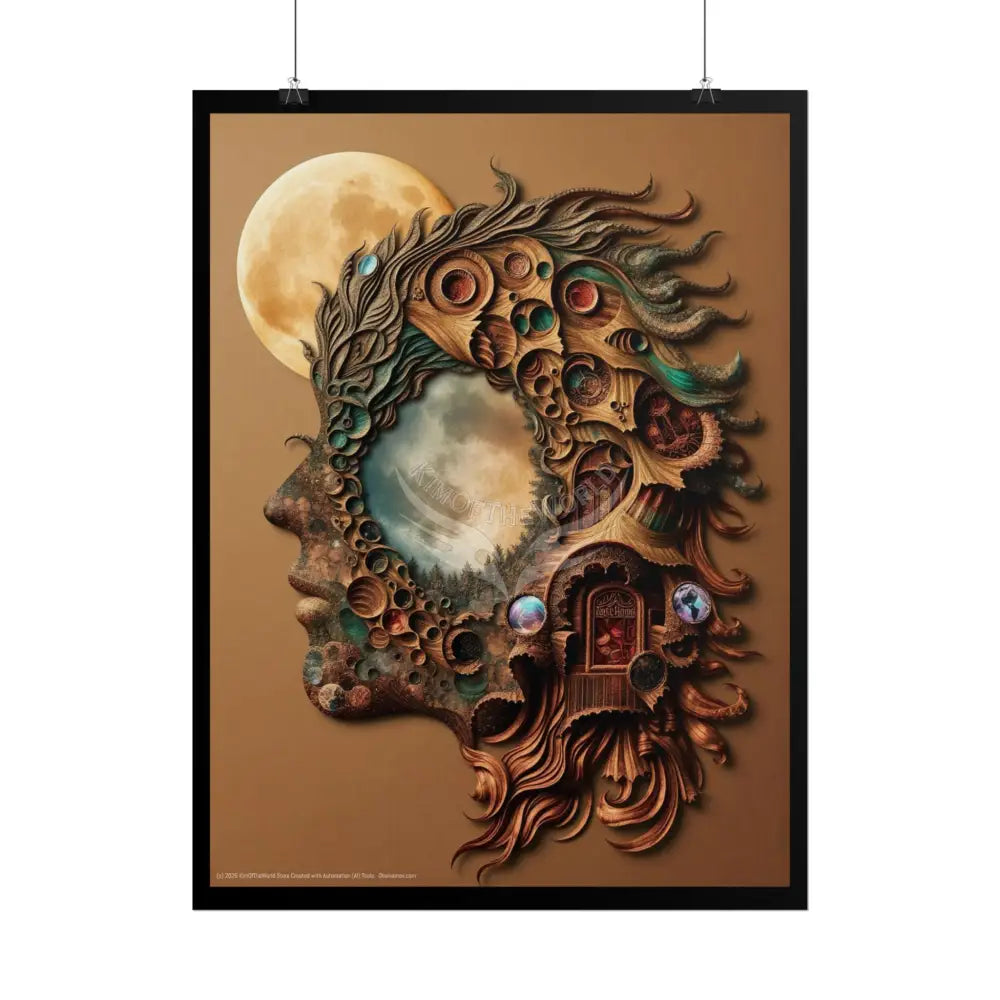 Trippy 3D Double Exposure Floral Gothic Moon is in her Soul Scene - Rolled Poster Poster