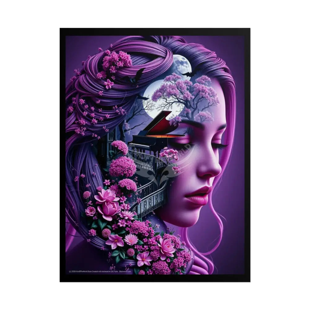 Trippy 3D Double Exposure Floral Gothic Music is in her Soul Scene - Rolled Poster 18″ x 24″ (Vertical) / Matte Poster