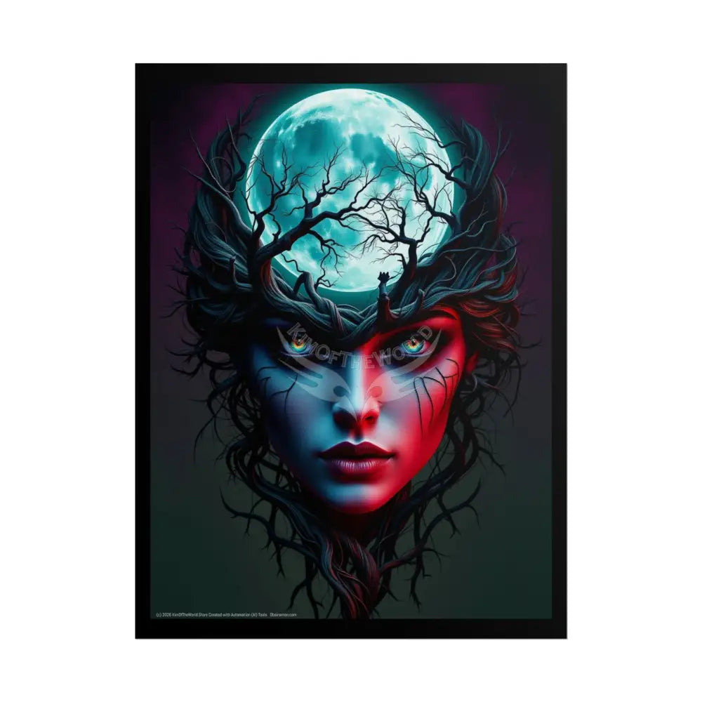 Trippy 3D Double Exposure Floral Gothic Tree Branch Lady Moon Scene - Rolled Poster 18″ x 24″ (Vertical) / Matte Poster