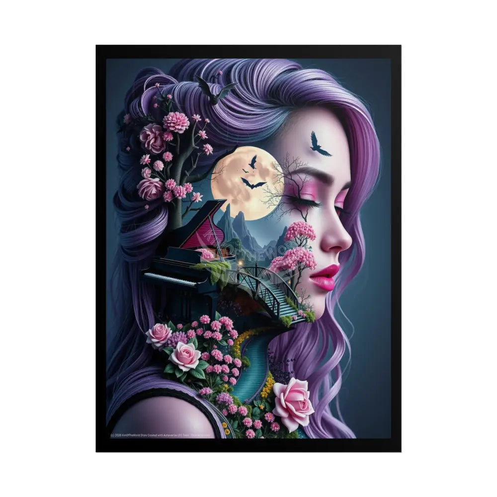 Trippy 3D Double Exposure Floral Gothic Tree Branch Lady Moon Scene - Rolled Poster 18″ x 24″ (Vertical) / Matte Poster