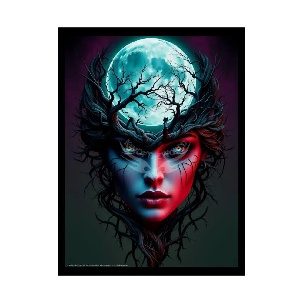 Trippy 3D Double Exposure Floral Gothic Tree Branch Lady Moon Scene - Rolled Poster 18″ x 24″ (Vertical) / Semi Glossy