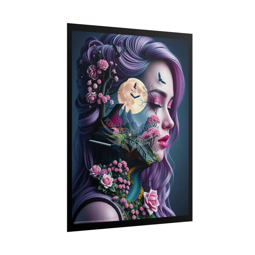 Trippy 3D Double Exposure Floral Gothic Tree Branch Lady Moon Scene - Rolled Poster Poster