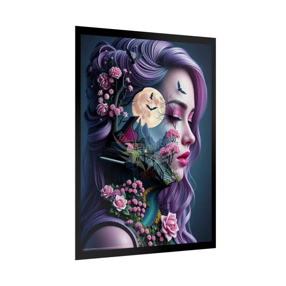 Trippy 3D Double Exposure Floral Gothic Tree Branch Lady Moon Scene - Rolled Poster Poster