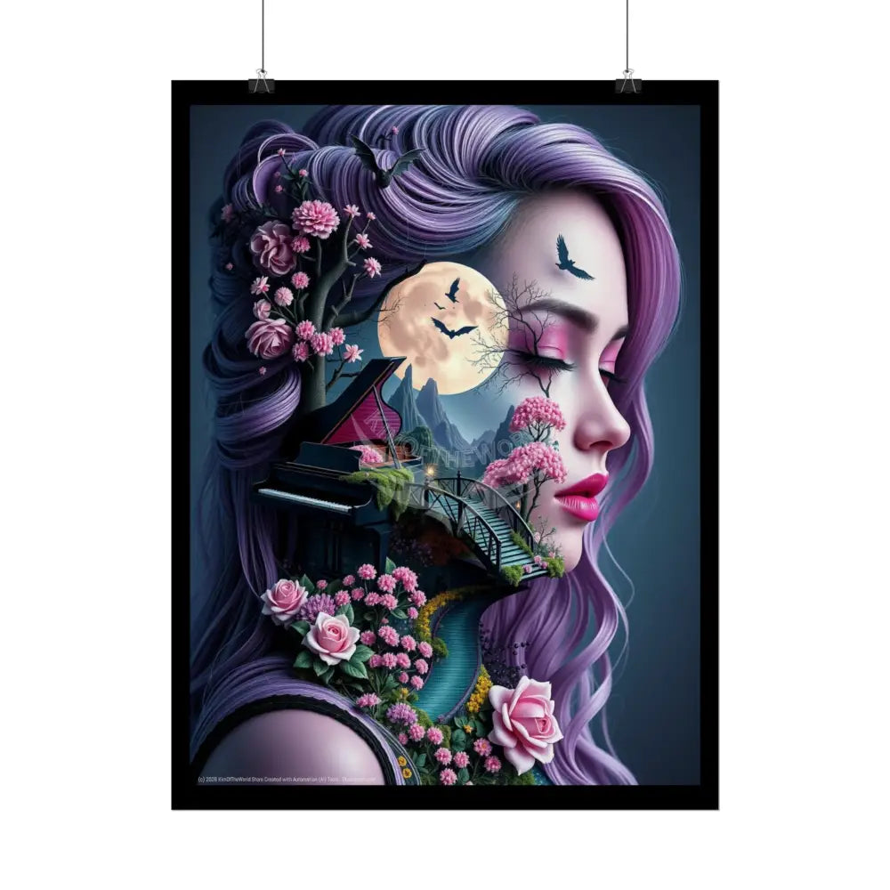 Trippy 3D Double Exposure Floral Gothic Tree Branch Lady Moon Scene - Rolled Poster Poster