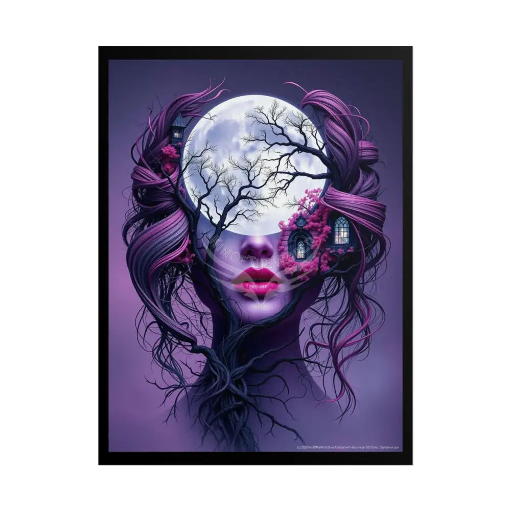 Trippy 3D Double Exposure Moon Lady Tree Branch Floral Gothic Scene - Rolled Poster 18″ x 24″ (Vertical) / Matte Poster