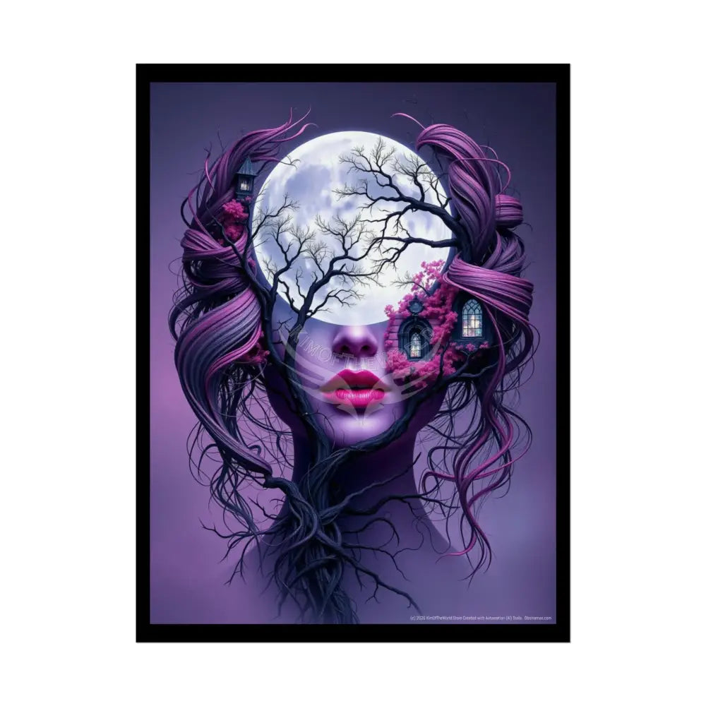 Trippy 3D Double Exposure Moon Lady Tree Branch Floral Gothic Scene - Rolled Poster 18″ x 24″ (Vertical) / Semi Glossy