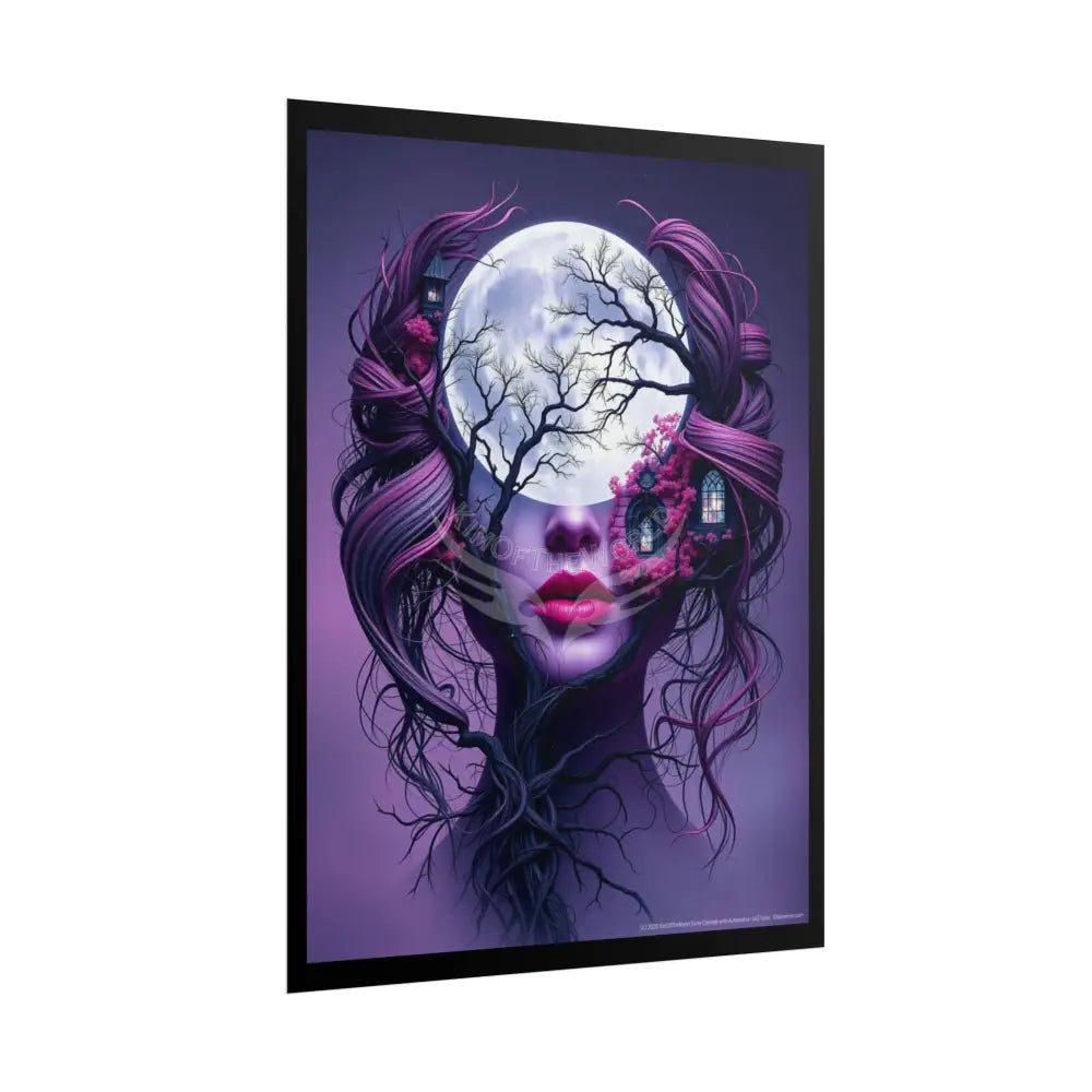 Trippy 3D Double Exposure Moon Lady Tree Branch Floral Gothic Scene - Rolled Poster Poster