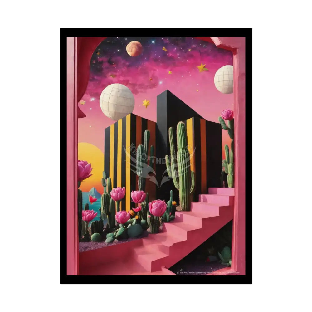 Trippy 3D Giant Cactus Floral Stripes Vaporwave Pink - Rolled Poster 18″ x 24″ (Vertical) / Semi Glossy Poster