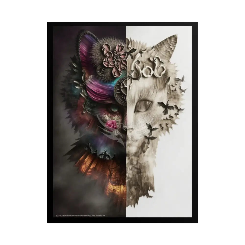 Trippy 3D Split Faces Cat Poster — Psychedelic Meow Wall Art 18″ x 24″ (Vertical) / Matte Poster