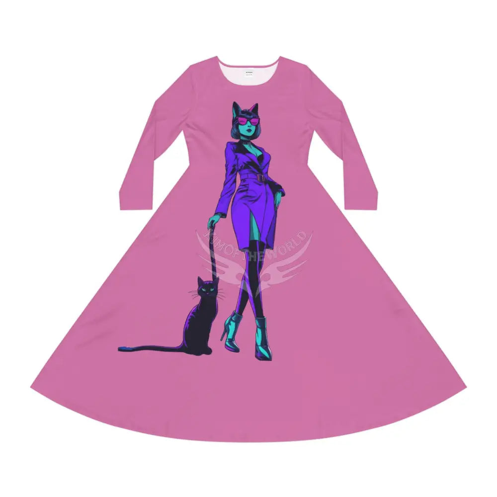 Trippy Cat Lady Cute Character Print Long Sleeve Dress All Over Prints