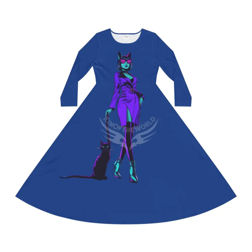 Trippy Cat Lady Cute Character Print Long Sleeve Dress - Blue All Over Prints