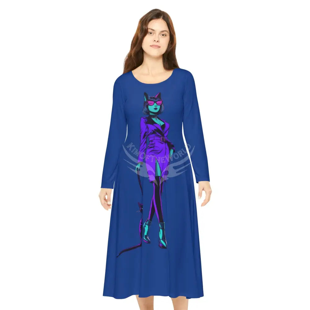 Trippy Cat Lady Cute Character Print Long Sleeve Dress - Blue S All Over Prints