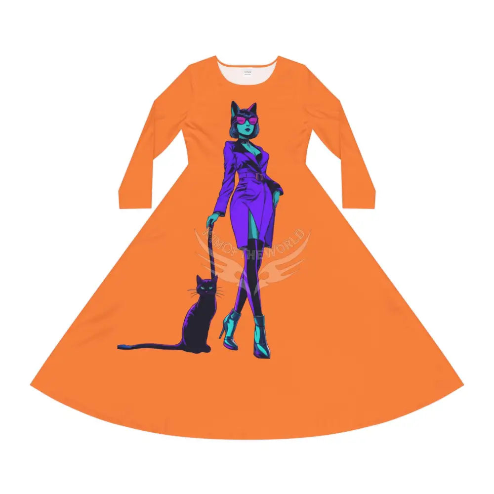 Trippy Cat Lady Cute Character Print Long Sleeve Dress - Orange All Over Prints