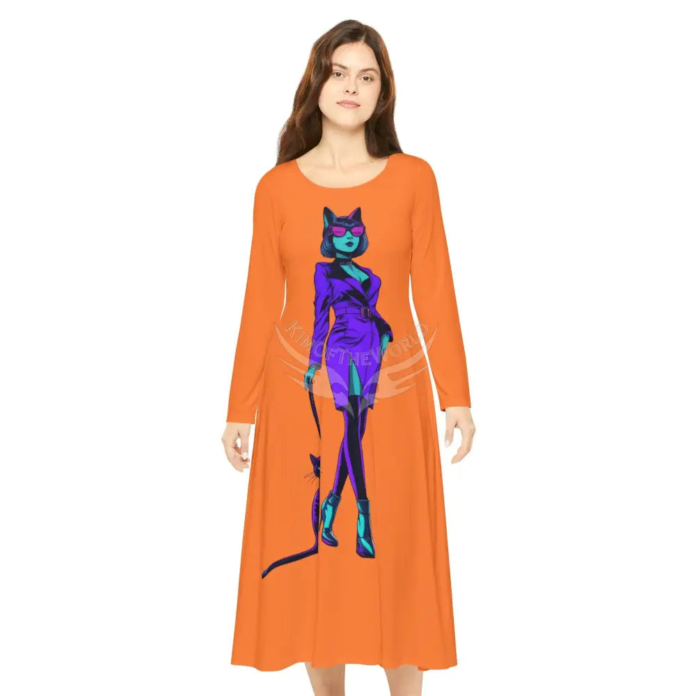 Trippy Cat Lady Cute Character Print Long Sleeve Dress - Orange S All Over Prints