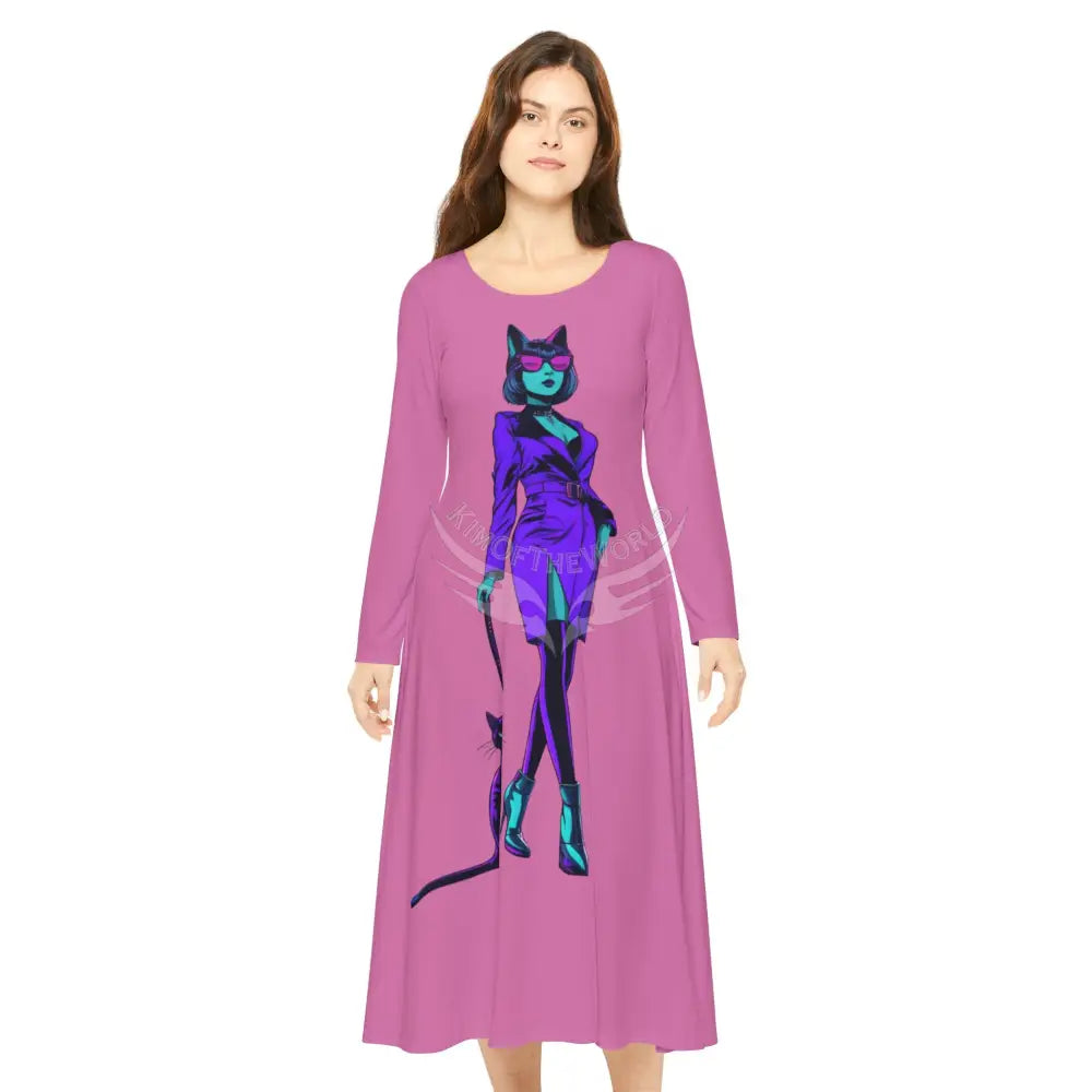 Trippy Cat Lady Cute Character Print Long Sleeve Dress S All Over Prints