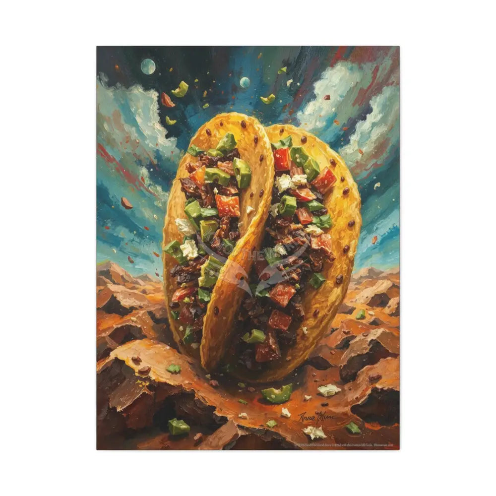Trippy Food Fantasy Giant Tacos Kitchen Canvas — Weird Wonderland 3D Funky Art 30’’ x 40’’ (Vertical) / 1.25’’ Canvas