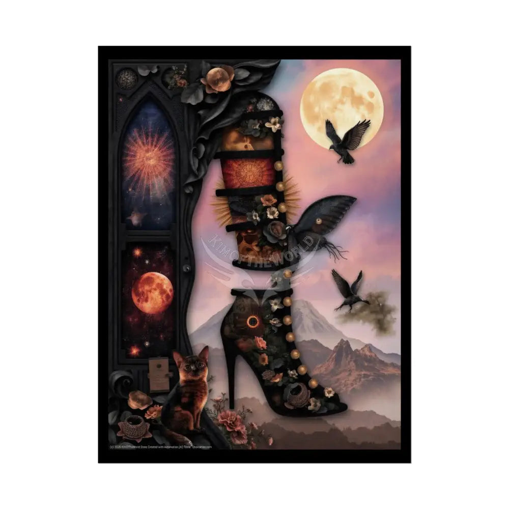 Trippy Shoe Poster — Funky Split-Shoe Art Print with Gothic Moon & Mini Worlds 18″ x 24″ (Vertical) / Semi Glossy Poster