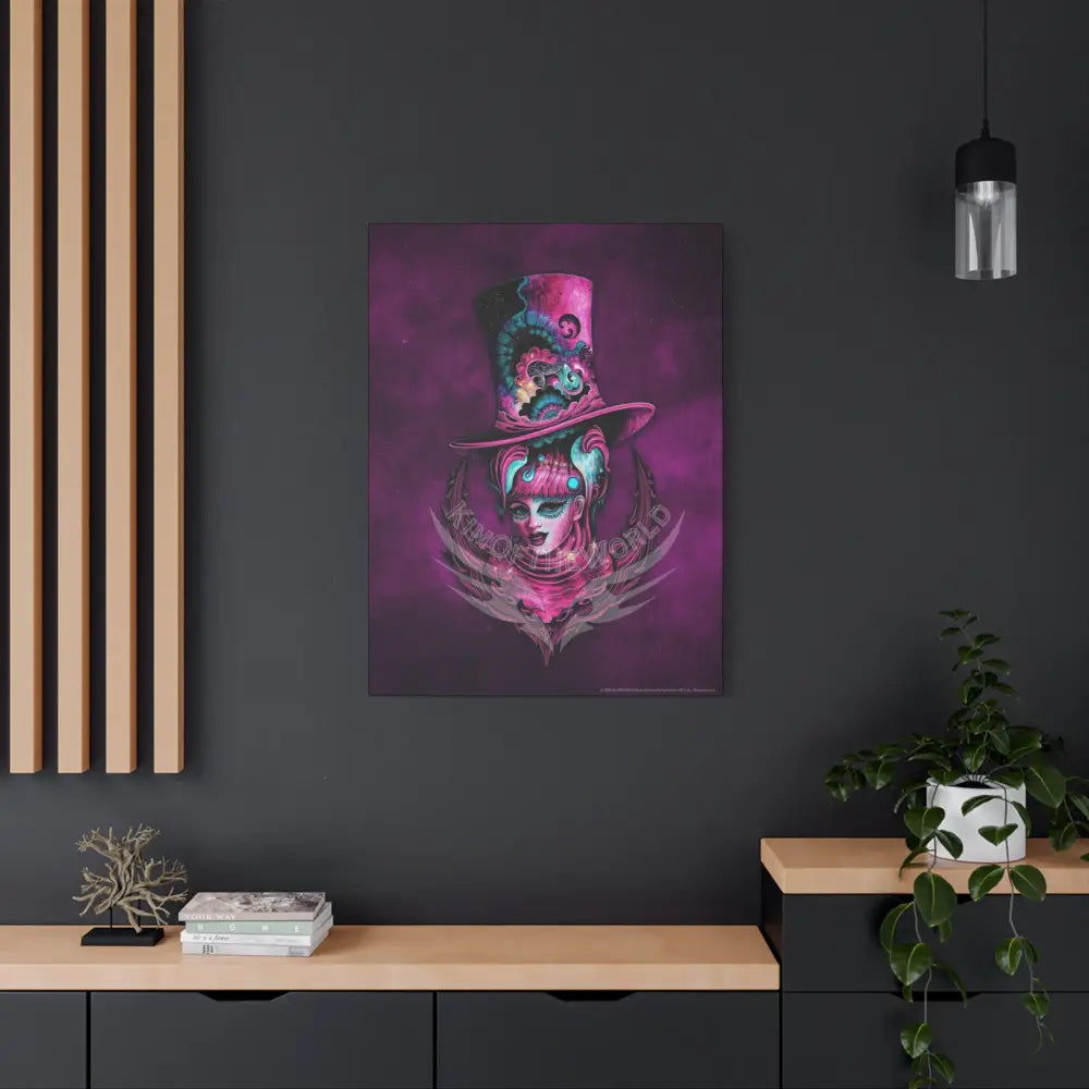 Trippy Top Hats Vaporwave Girl Canvas Art — 3D Surreal Characters Matte Stretched Wall Decor Canvas