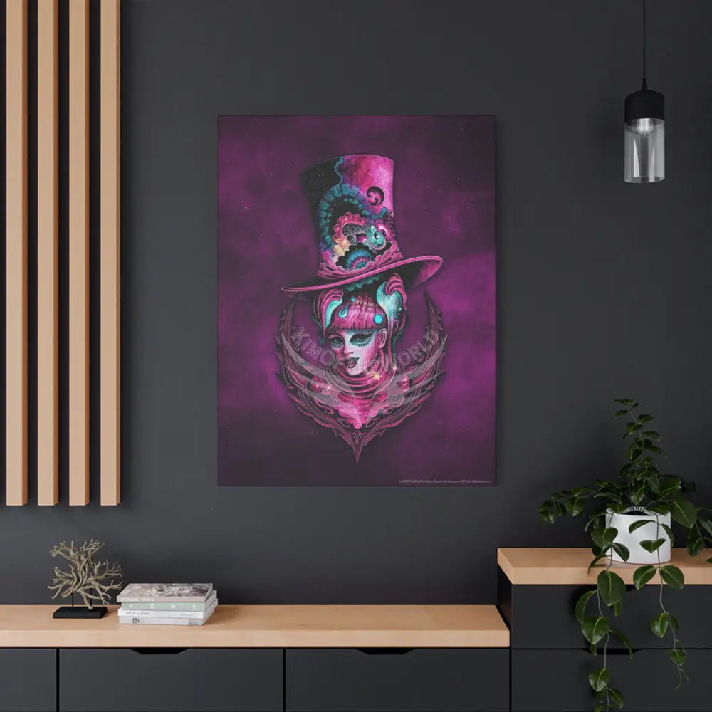 Trippy Top Hats Vaporwave Girl Canvas Art — 3D Surreal Characters Matte Stretched Wall Decor Canvas