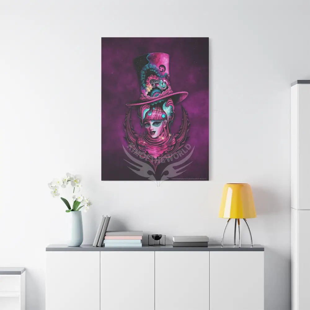 Trippy Top Hats Vaporwave Girl Canvas Art — 3D Surreal Characters Matte Stretched Wall Decor Canvas