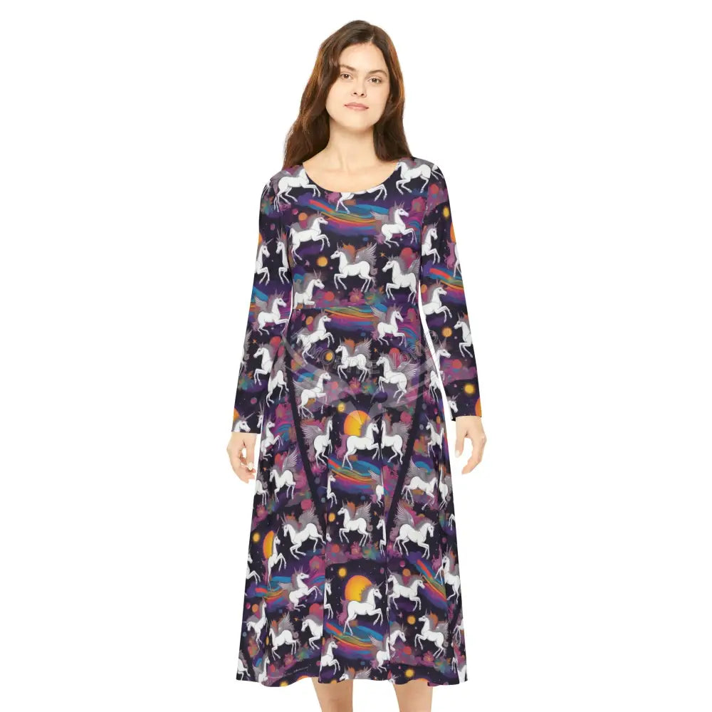 Unicorn Party on Black Wallpaper Print Dress – Women’s Long Sleeve AOP L All Over Prints