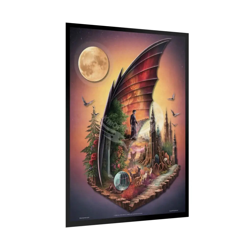 Unusual Giant Bat Wingscape Wonderland Celestial Fantasy Waterfall Gothic Art Poster — Exclusive Blender Diorama Rolled
