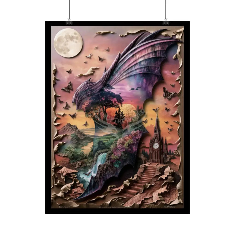 Unusual Giant Bat Wingscape Wonderland Celestial Fantasy Waterfall Gothic Art Poster — Exclusive Blender Diorama Rolled