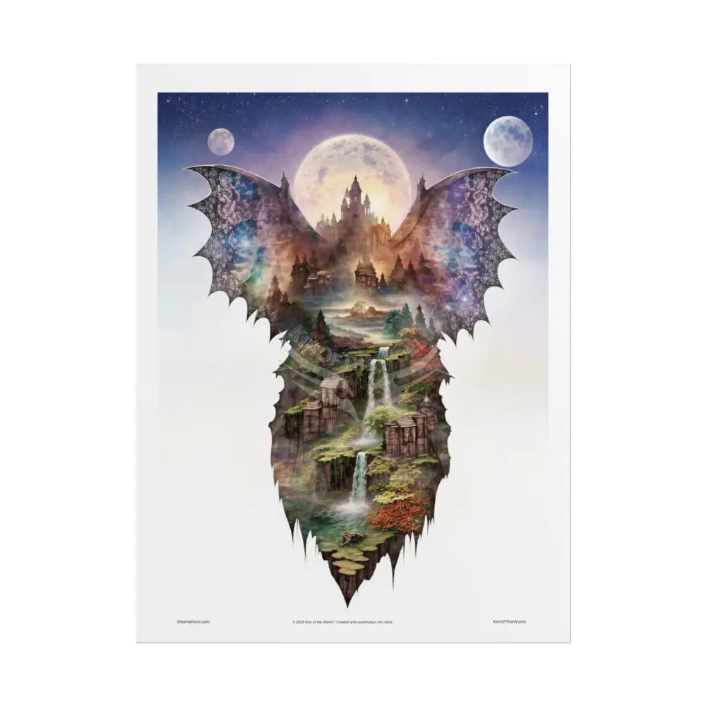 Unusual Giant Bat Wingscape Wonderland Celestial Fantasy Waterfall Gothic Art Poster — Exclusive Blender Diorama Rolled