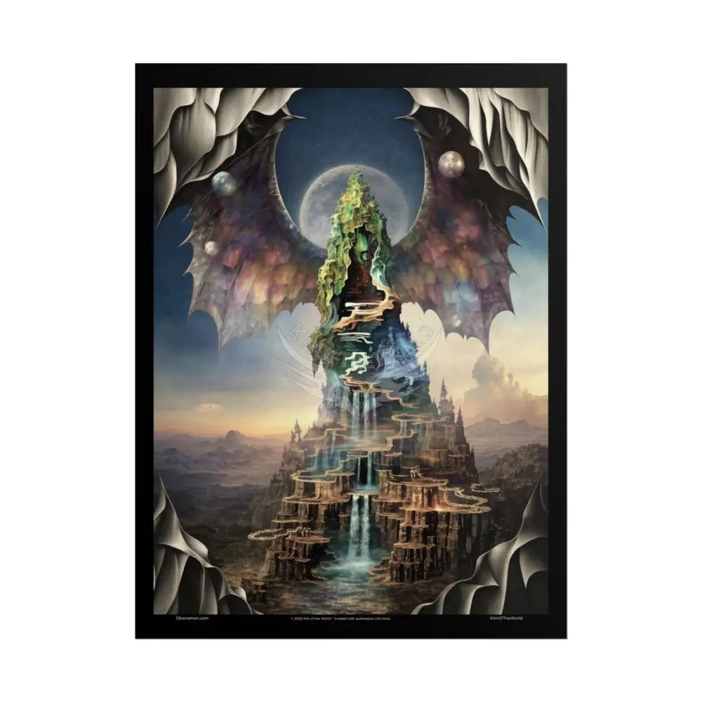Unusual Giant Bat Wingscape Wonderland Celestial Fantasy Waterfall Gothic Art Poster — Exclusive Blender Diorama Rolled